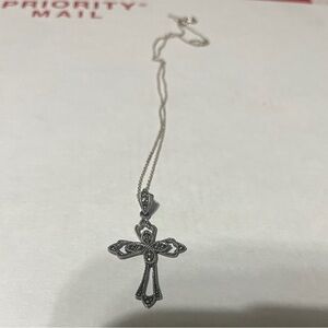 Vintage art deco goth silver and black Marcasite cross pendant with chain